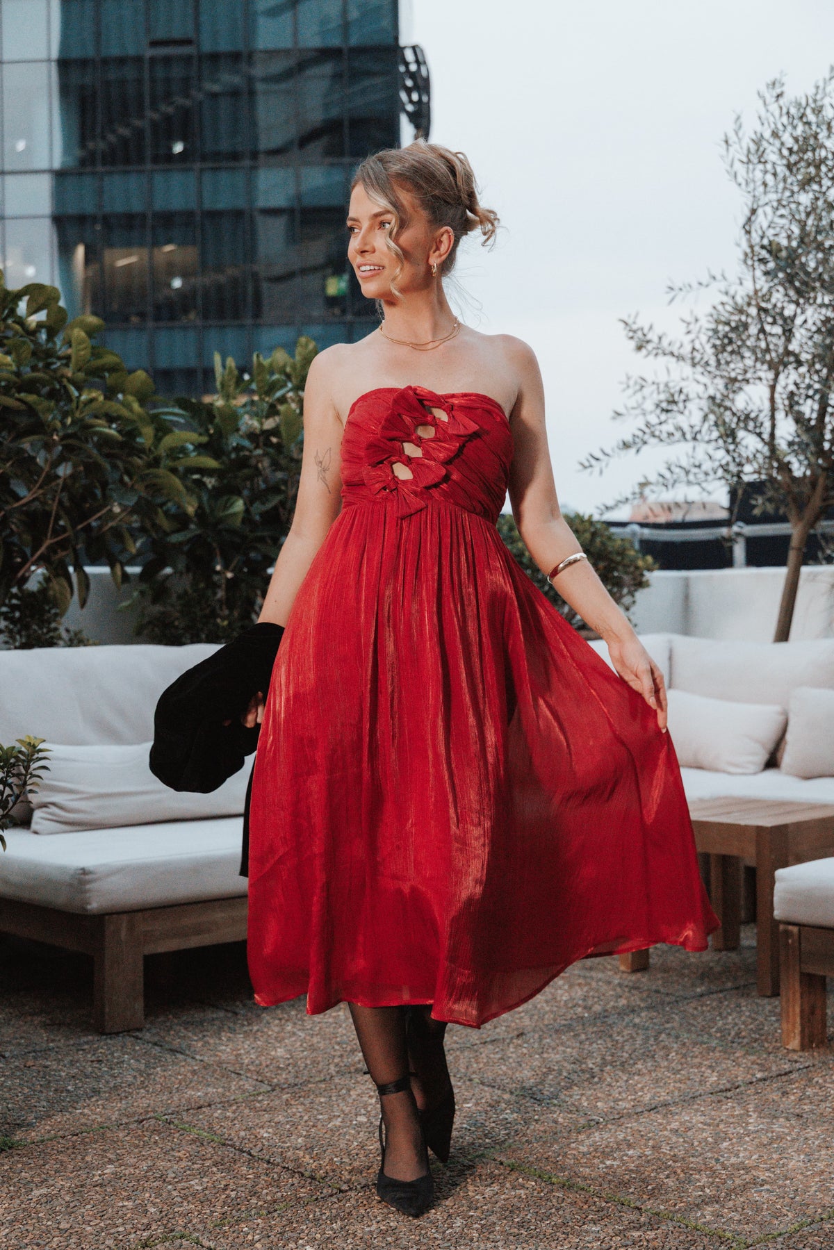 Mila Strapless Midi Dress - Red