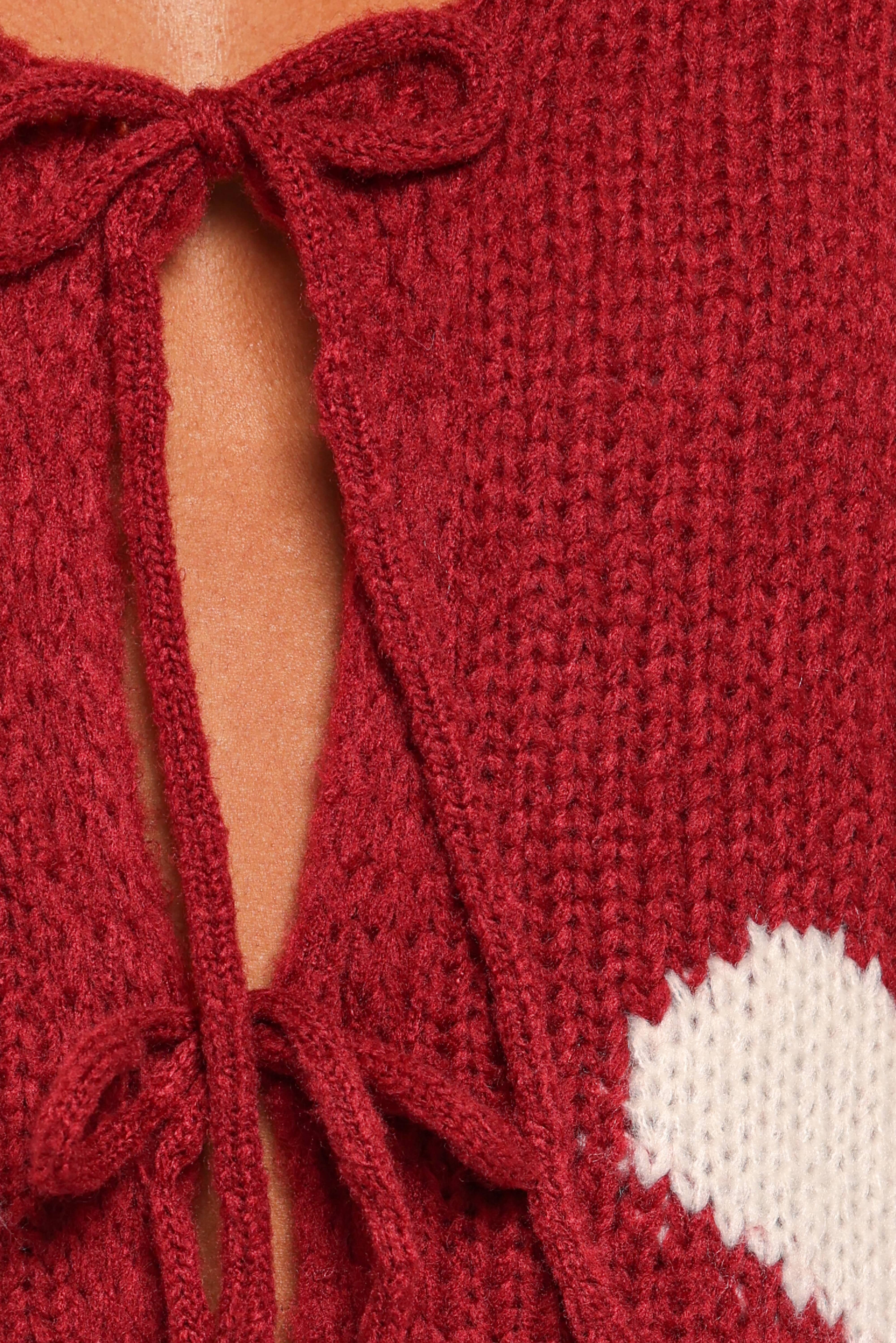 Nadine All Over Heart Tie Front Cardigan - Wine