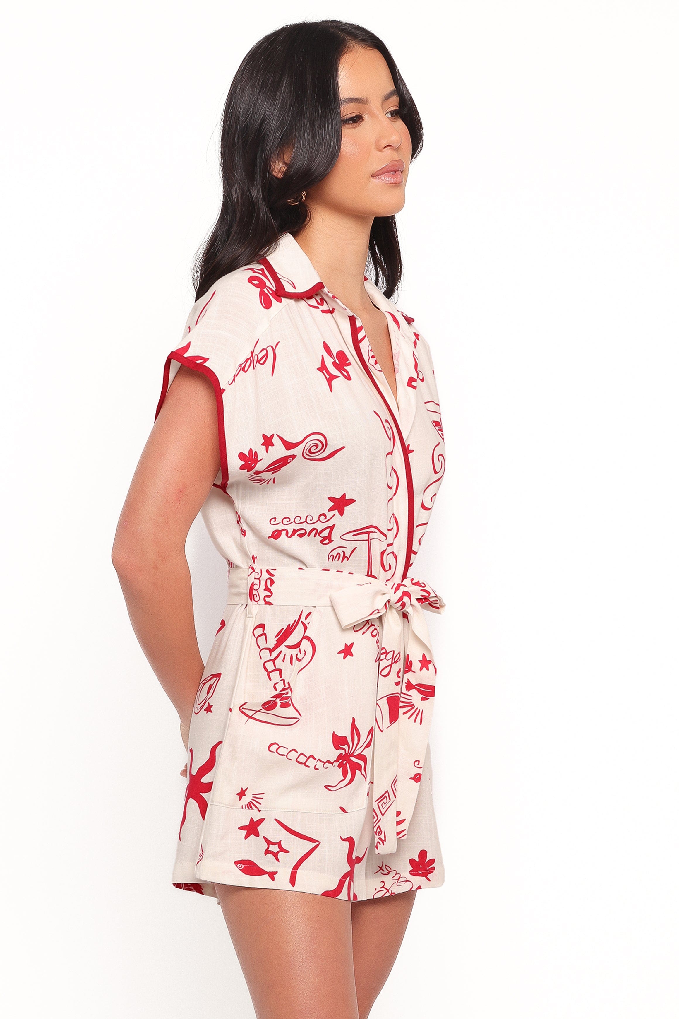 Kensie Tie Waist Romper - Red