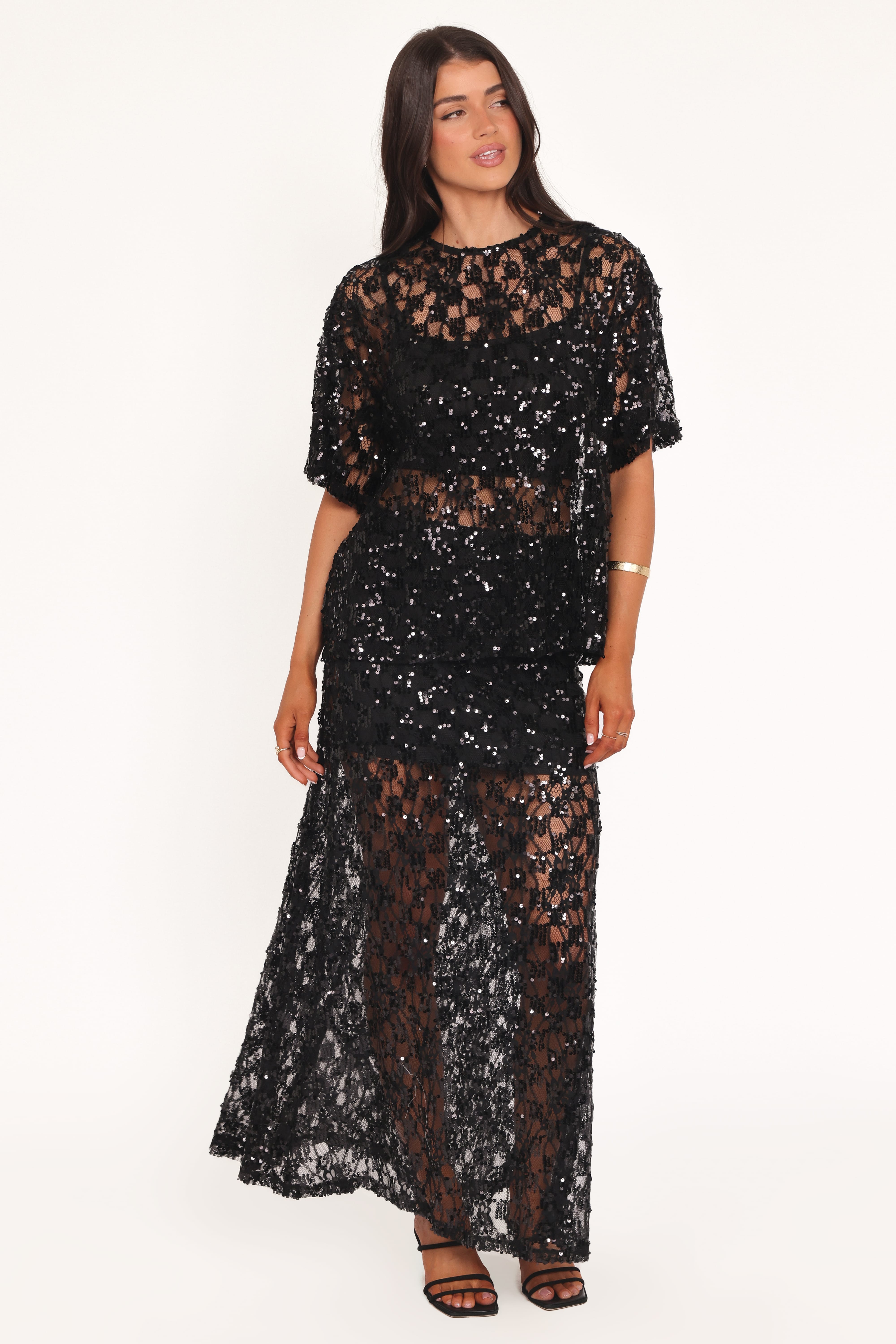 Yonder Sheer Lace Tee Top - Black